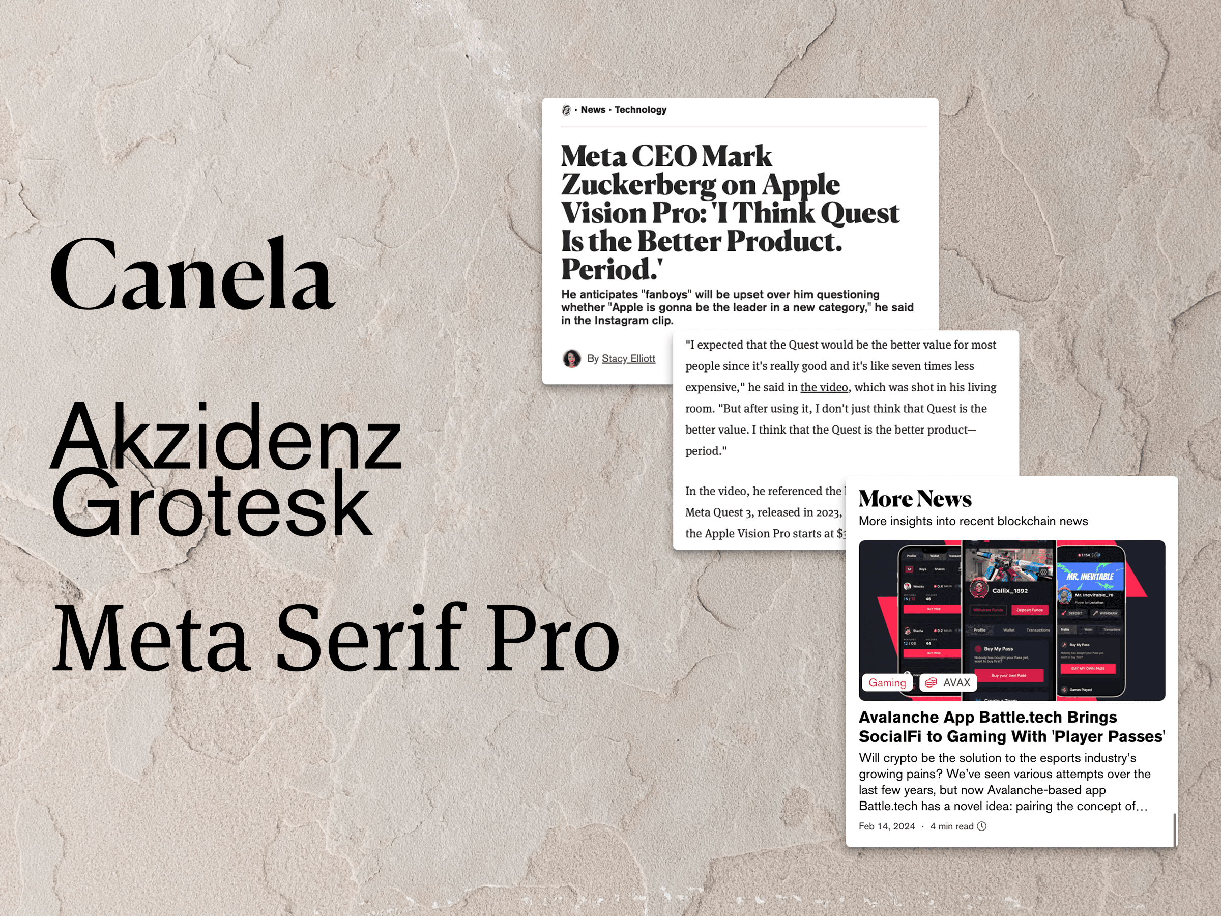 Typography system: Canela, Akzidenz Grotesk, Meta Serif Pro