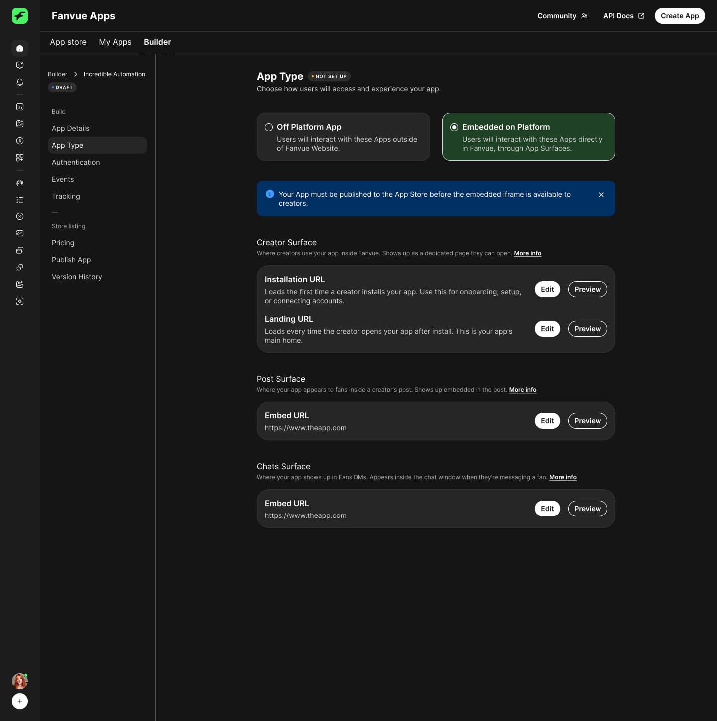 Builder side — app surfaces