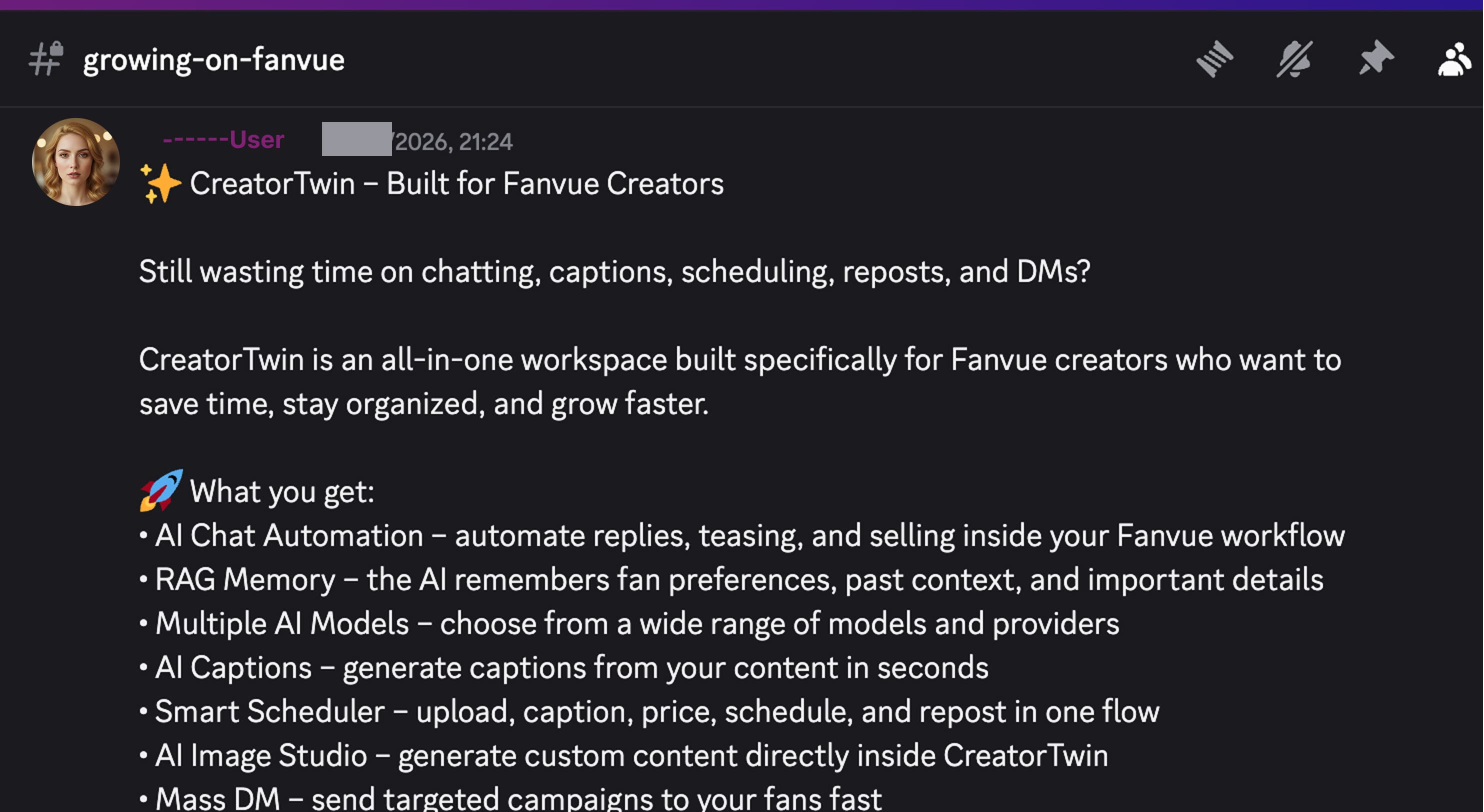 Unofficial tools marketed openly in Fanvue's Discord. No oversight, no monetisation back.