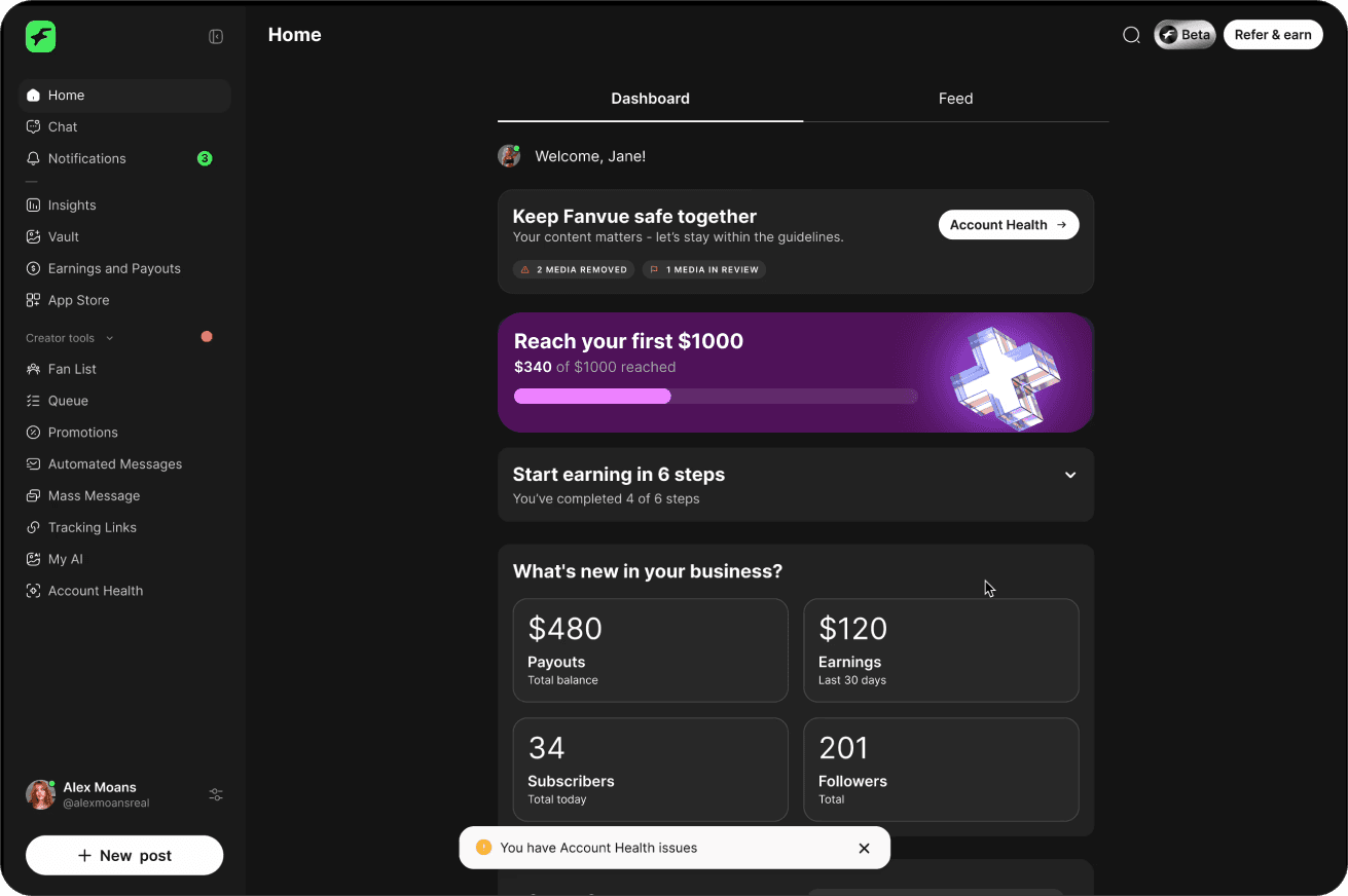 The homepage banner and a toast flag Account Health issues the moment a creator logs in.