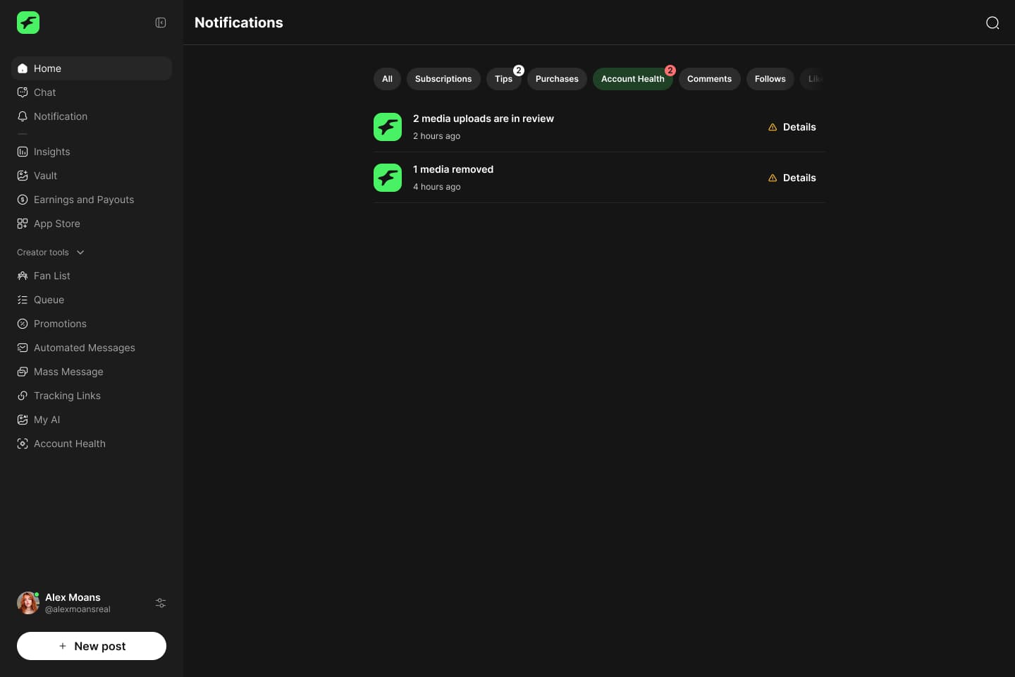 A dedicated Account Health tab keeps warnings from getting lost in the general notification feed.